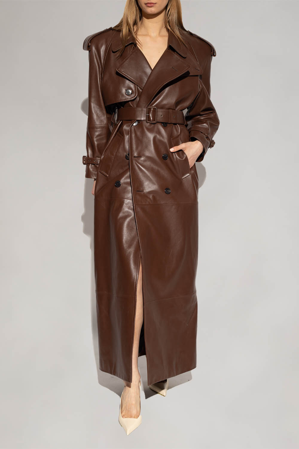 80s Yves Saint Laurent レザーコート M　ブラウン Saint Laurent《ロングコート》ラムスキン ブラウン DHL 直営店 (Saint